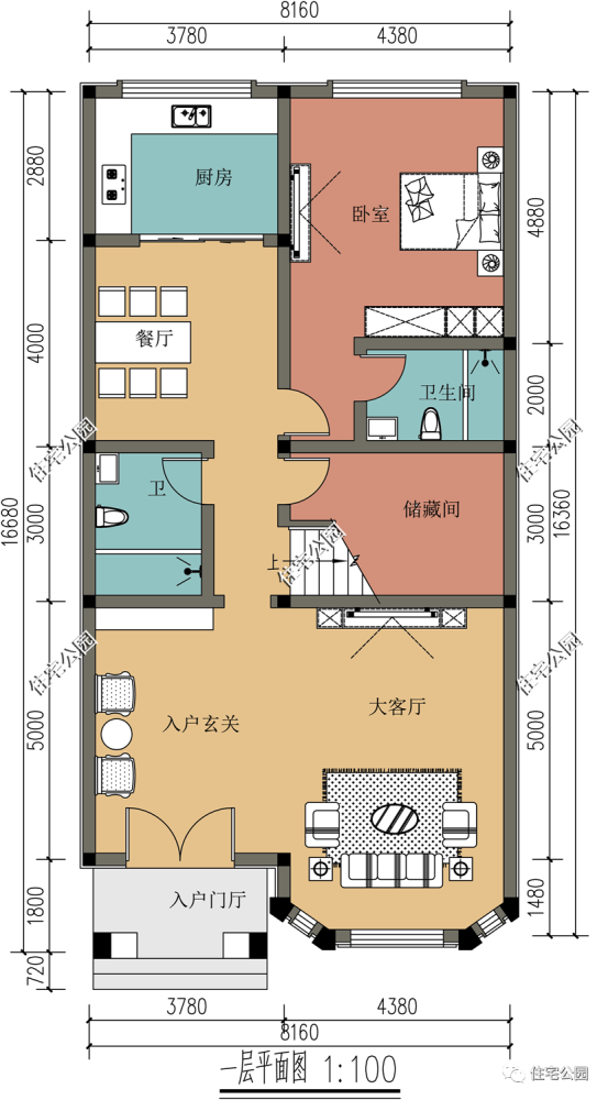 狭长宅地尤其注重空间的合理利用,这套户型进入室内先见客厅与玄关