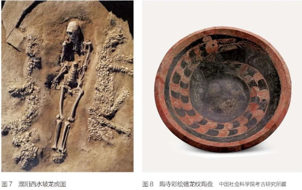彩绘蟠龙纹陶盘〔图8〕,山西襄汾陶寺遗址出土,蟠龙纹在器底,一头双身