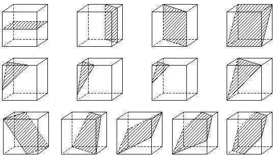 六面体:可切出矩形,梯形以及三角形,具体方式如下图.