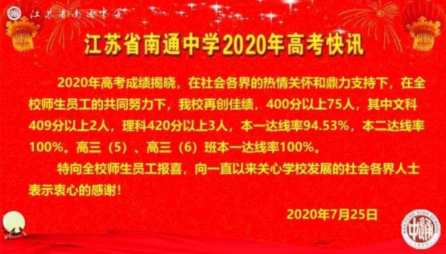 (市区县区都在 排名不分先后) 南通中学 通州高级中学 喜 报 2020年