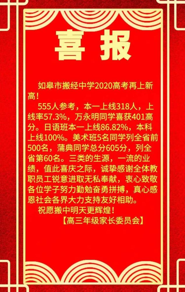 江苏省通州高级中学高三年级部 2020年7月25日 理科张奕同学436分