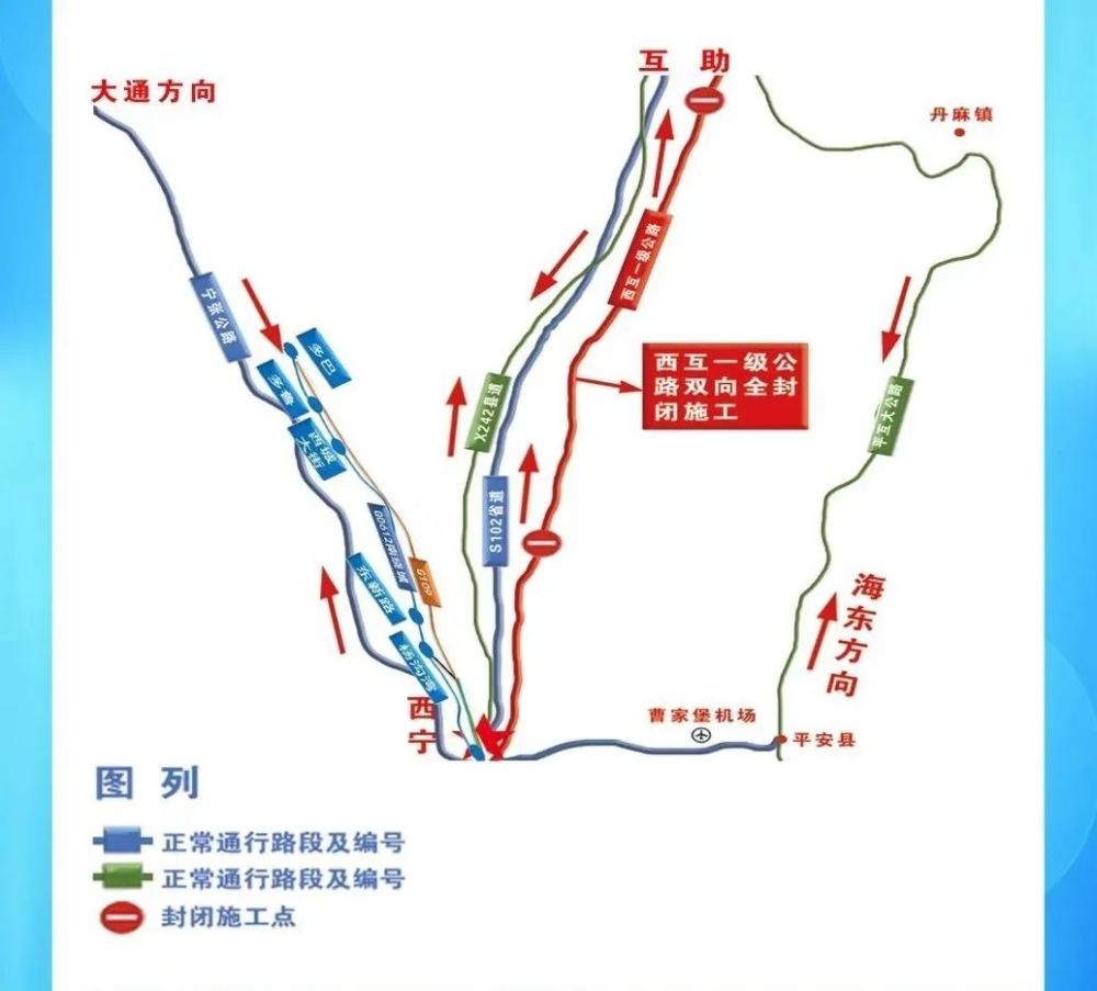 南向及西宁驶入互助交通流,一是直接通过s102省道,x242县道至互助,二