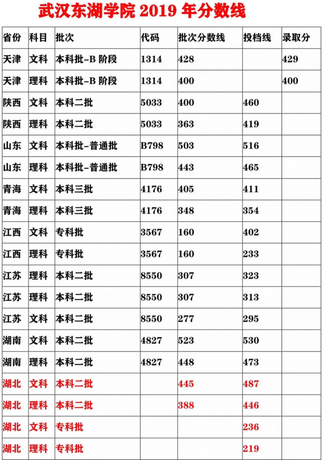 填报指南:武汉东湖学院录取分数线