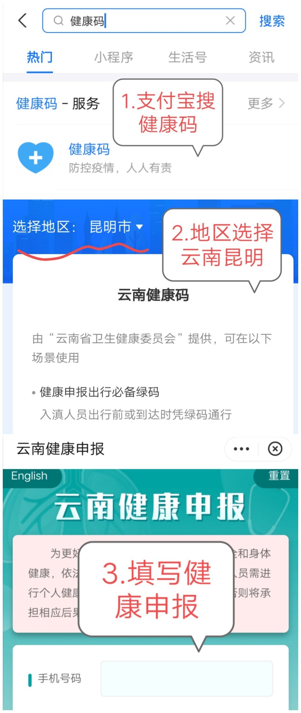 框搜健康码,选择将康码,改地区为云南省昆明市,然后进行云南健康申报