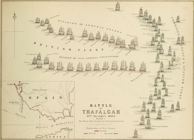 后人绘制的特拉法尔加海战交战阵型图,英军北翼纵队的最前端就是"