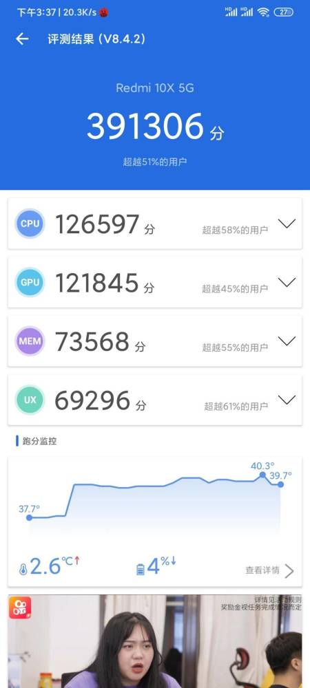 通过安兔兔跑分软件的测试,得到redmi 10x 5g的跑分与41万有些差距,在