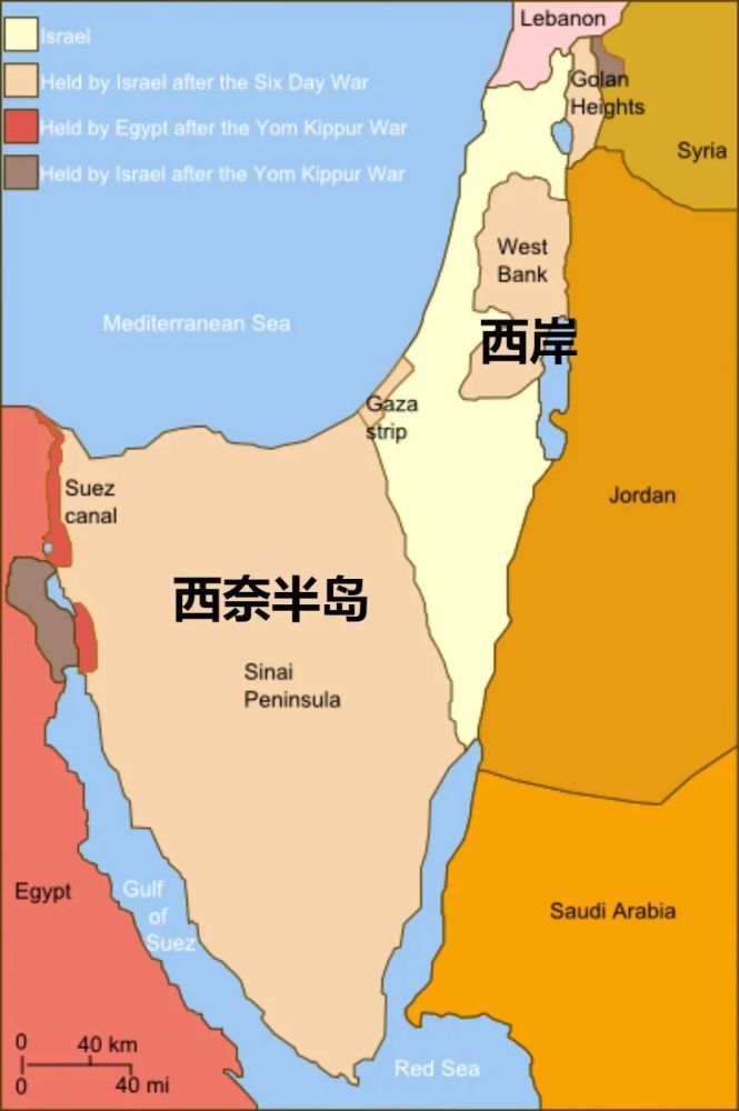 西奈和西岸是第三次中东战争后以色列控制的地区,其中西奈半岛是