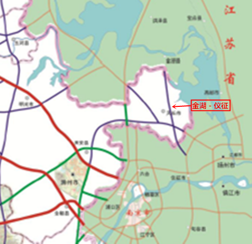 起点淮安金湖县,穿过安徽省天长市,进入仪征境内接入仪禄高速