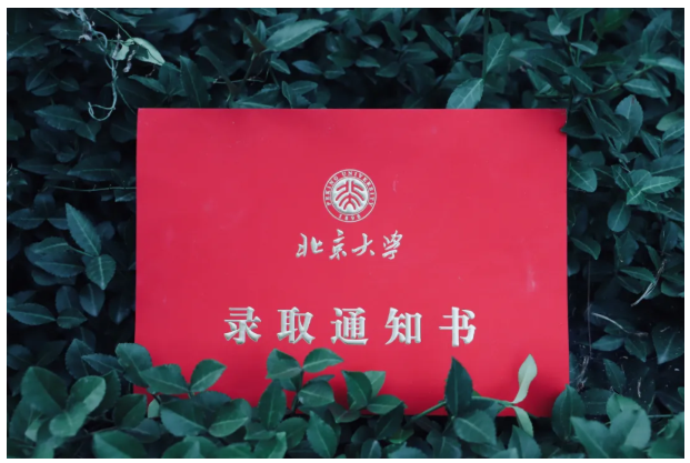 录取通知书内页使用北大专用信纸, 衬水纹底色配以北大红勾勒出相框