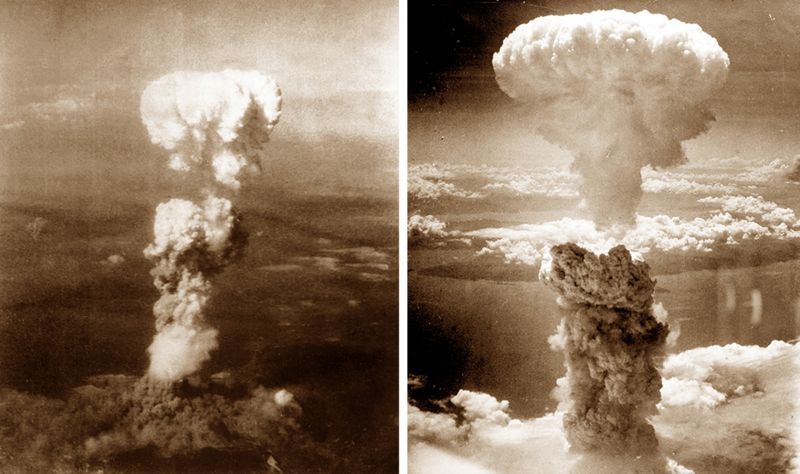 广岛(左)和长崎(右)上空的原子弹蘑菇云
