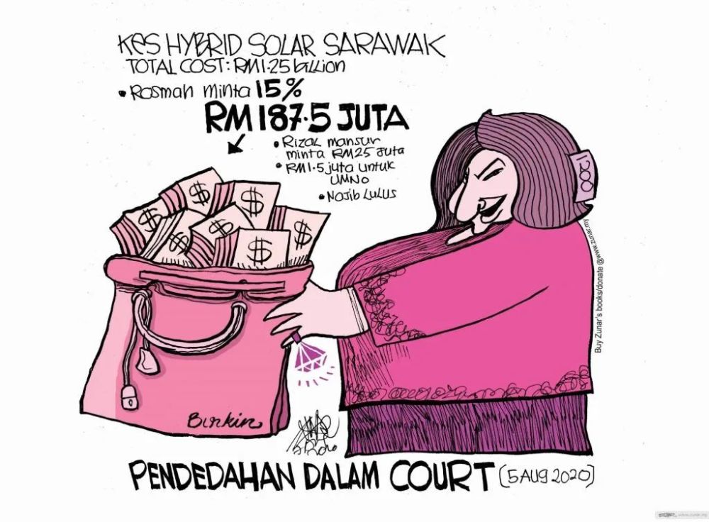 zunar讽刺罗斯玛的漫画,装满贪腐所得钱财的铂金包.