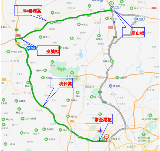 路线一:g25申嘉湖高速安城枢纽杭长高速紫金港枢纽立交,全程103km杭州
