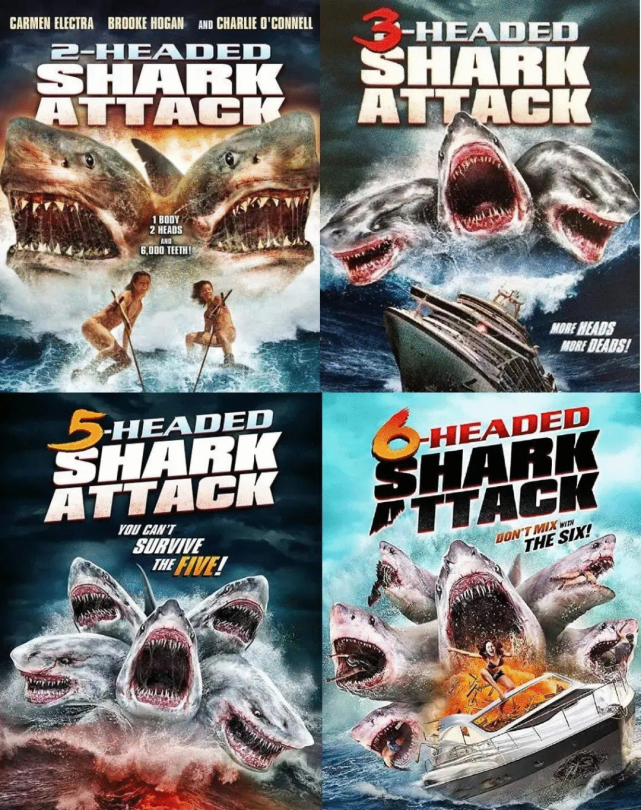 有专注于增加鲨鱼头数的 《夺命双头鲨》,《夺命三头鲨》,《夺命五头
