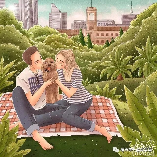 每天学一幅简笔画-好甜啊!她画出了爱情美好的模样,狗