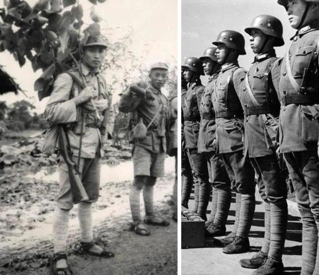 左为1938年穿草鞋的普通国军士兵,右为配发德式军鞋的德械师官兵