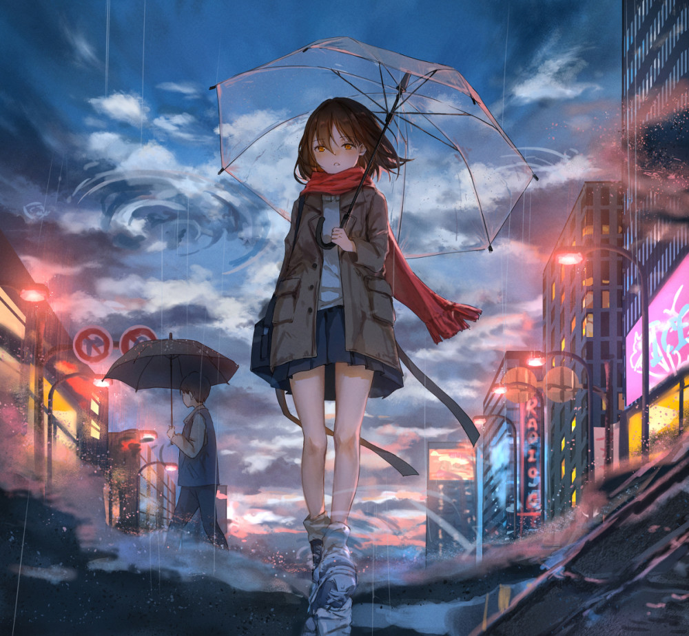 华景繁灯霓虹雨夜里少女与猫,画师 catzz