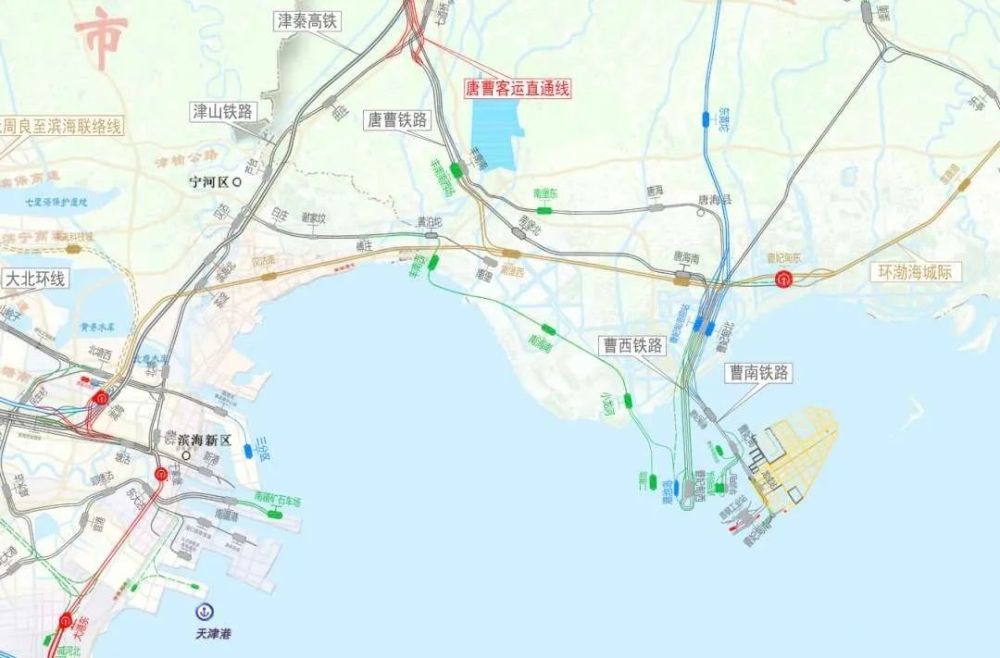 滨曹(环渤海)城际铁路线路走向图 目前正在高优先