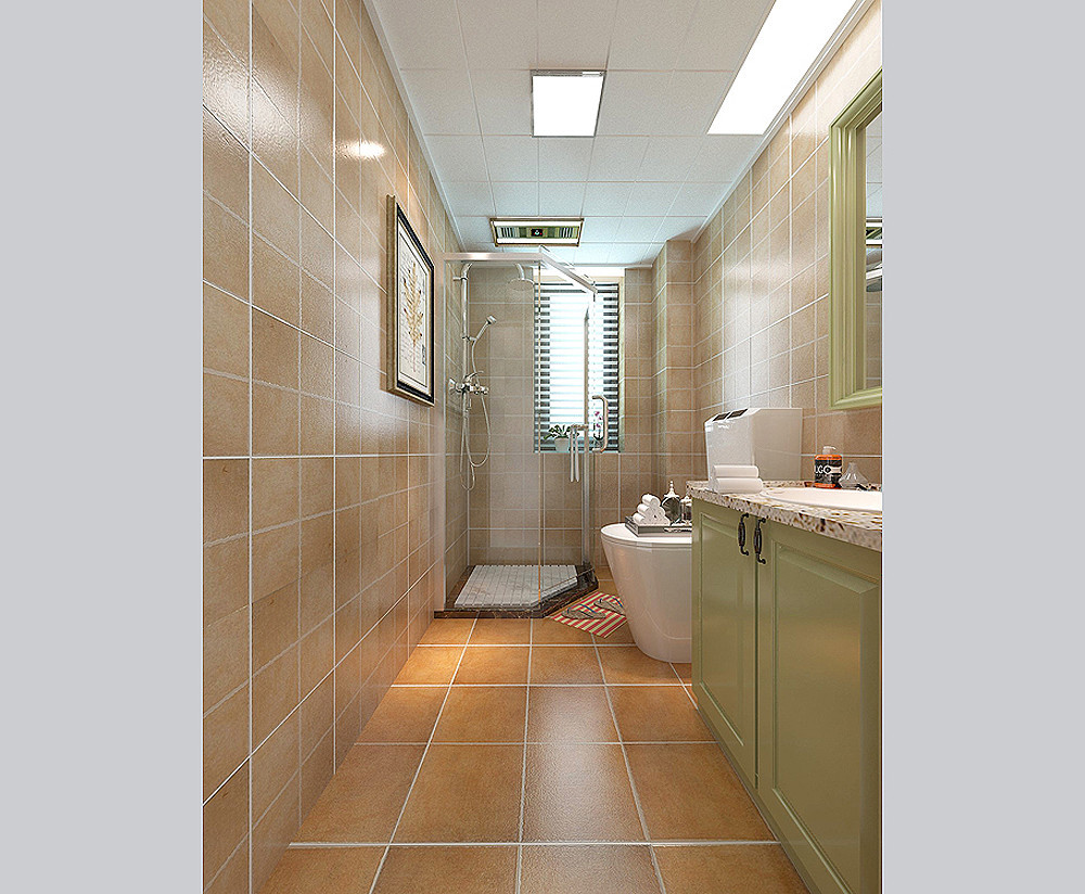 卫生间做了干湿分区,绿色的浴室柜搭配统一暖色系通铺上墙瓷砖,整体
