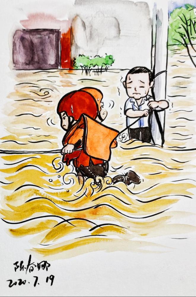 四川乐山消防洪水救援场景感动外地女画家 创作暖心手绘画
