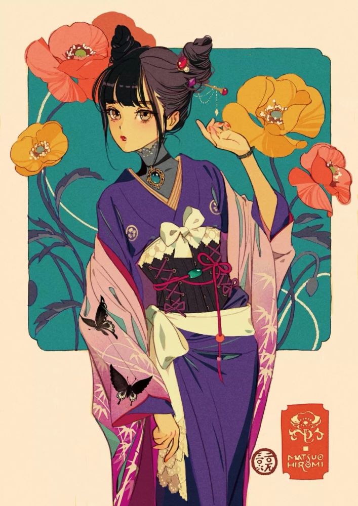 日本插画艺术家一组和服少女插画