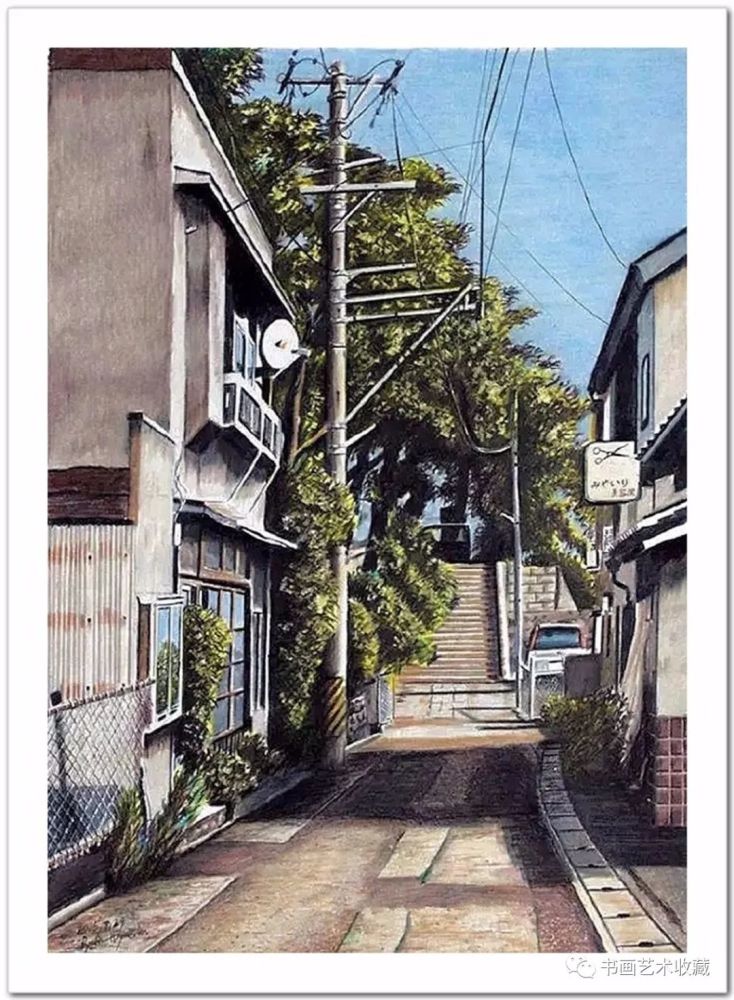 日本绘画:彩色铅笔描绘的宁静街景