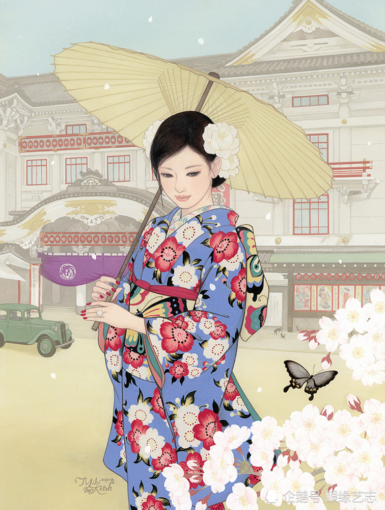 日本美人画:源远流长的和服美术,水粉画中的和服丽人
