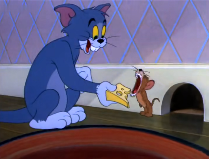 猫和老鼠:杰瑞正张大嘴要吃奶酪,结果汤姆把奶酪给撤了:耍你的!