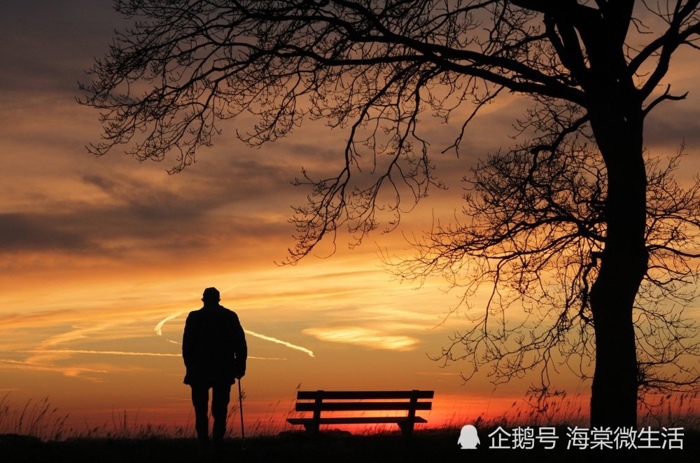 夕阳西下,孤独的老人伫立在空旷的大地上