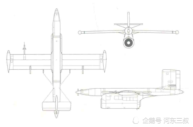 拉-17无线电靶机 三视图长空一号采用一台wp-6发动机,采用固体燃料