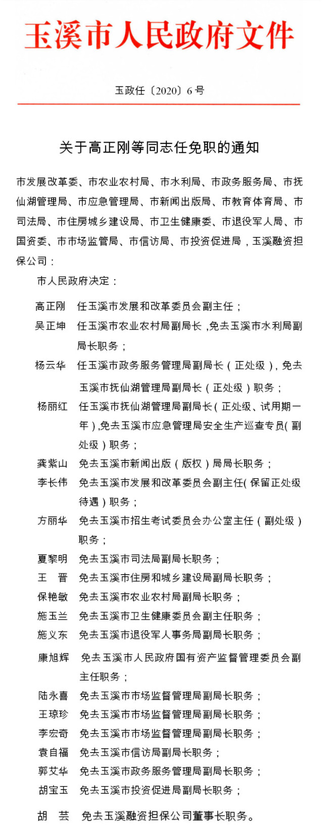 玉溪市发布人事任免职通知涉及多名干部