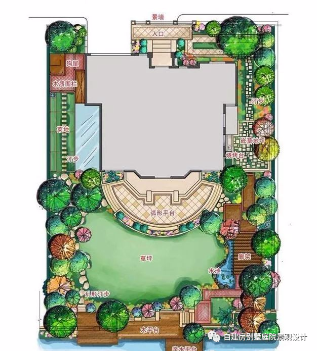 16个庭院景观规划设计彩平方案图-豪宅自建房别墅农村
