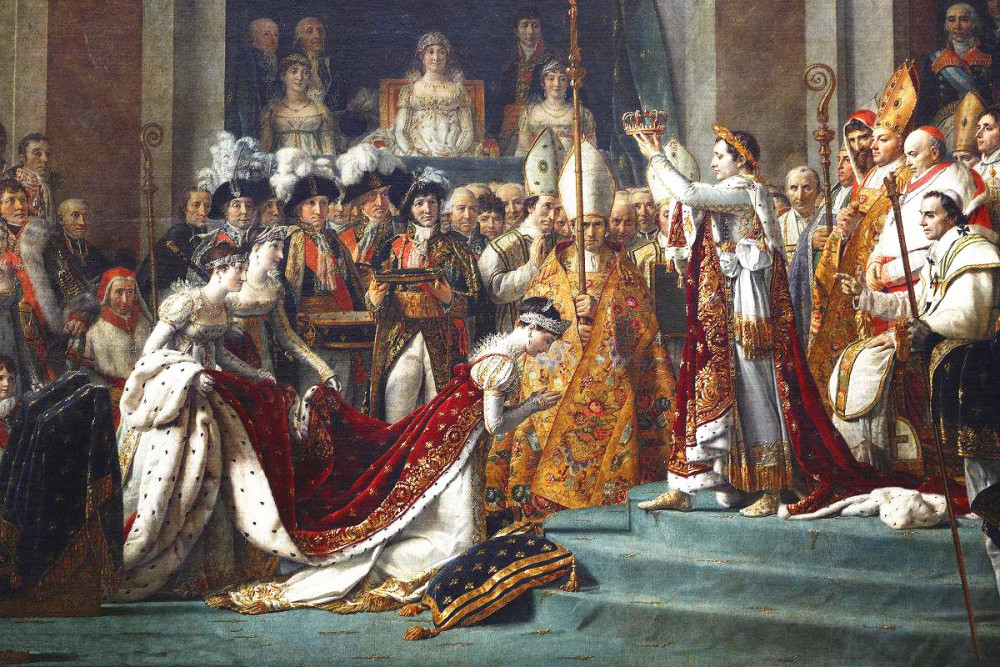 拿破仑加冕称帝,从教皇庇护七世手上拿过皇冠亲自戴在了自己与妻子