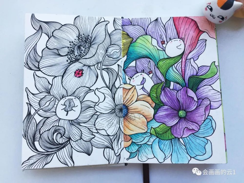 花的颜色饱和度比较高,让花看着更加鲜艳 和左边的线描对比也是很明显