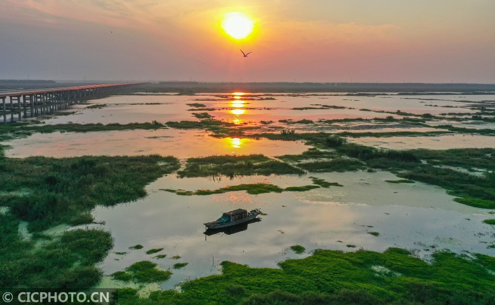 2020年9月5日黄昏,江苏省宿迁市泗洪县洪泽湖湿地溧河洼景区霞光绚烂