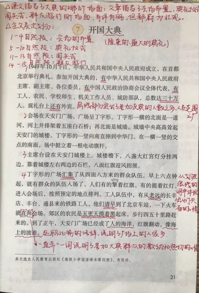 六年级语文上册第七课《开国大典》课文笔记,预习和复习专用