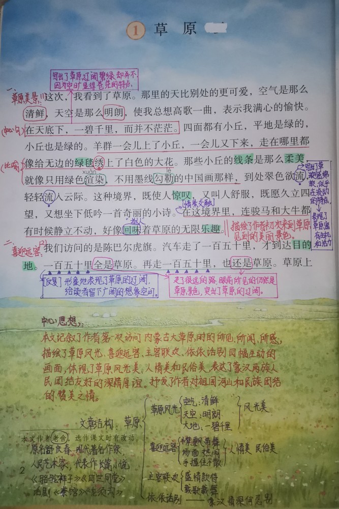 六年级上第1课草原,感悟蒙汉情深,老师手写笔记划重点!_腾讯新闻