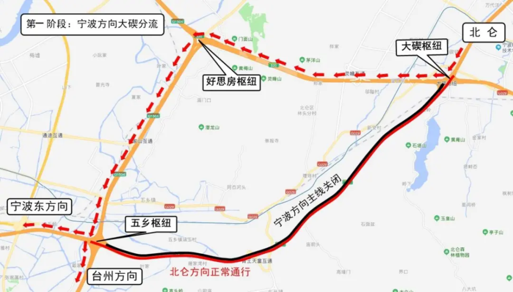 4,北仑往鄞州东(育王天童)收费站方向车辆,可通过329国道绕行.