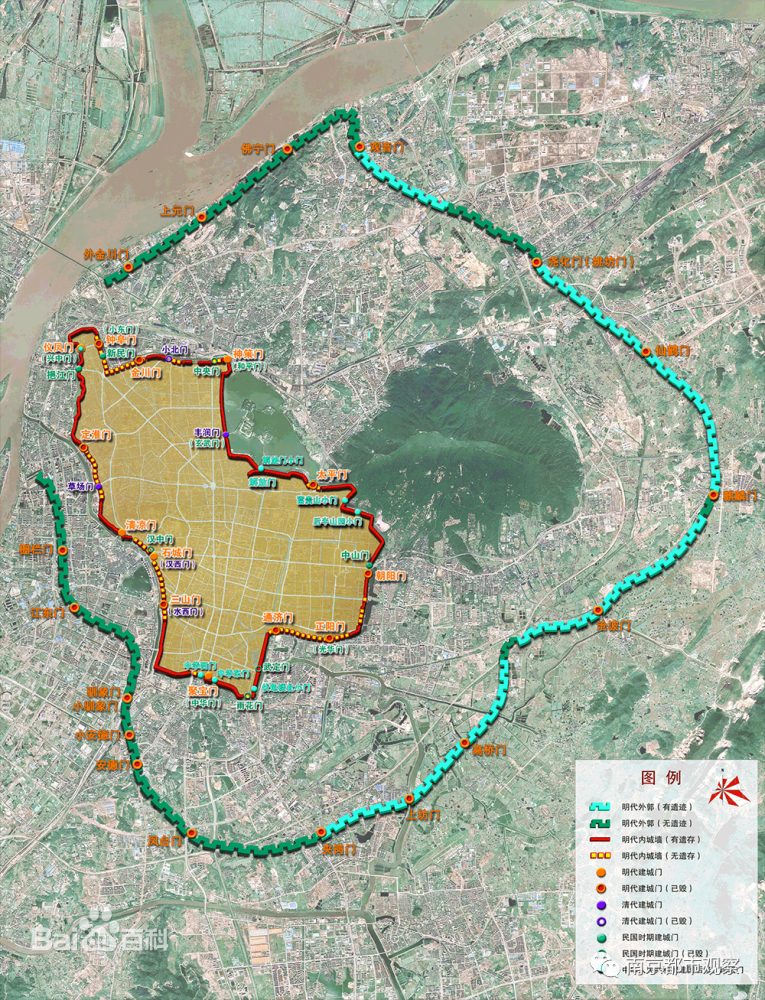 南京明城墙内郭和外郭范围图,来自百度百科,侵删.
