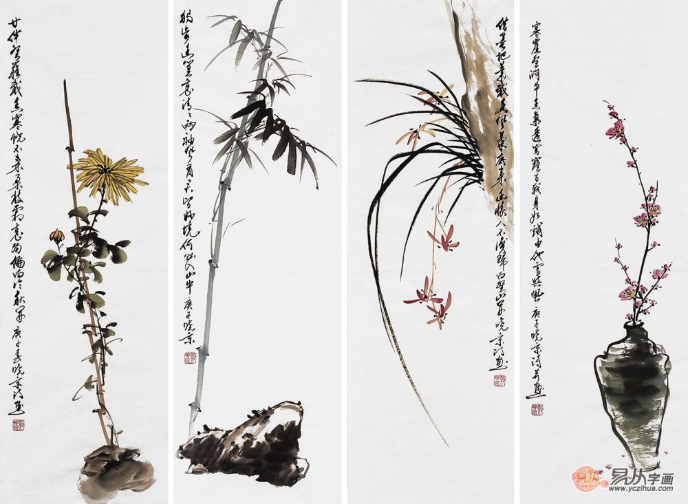 典藏系列 郑晓京写意四君子国画《梅兰竹菊四条屏》(作品选自:易从网)