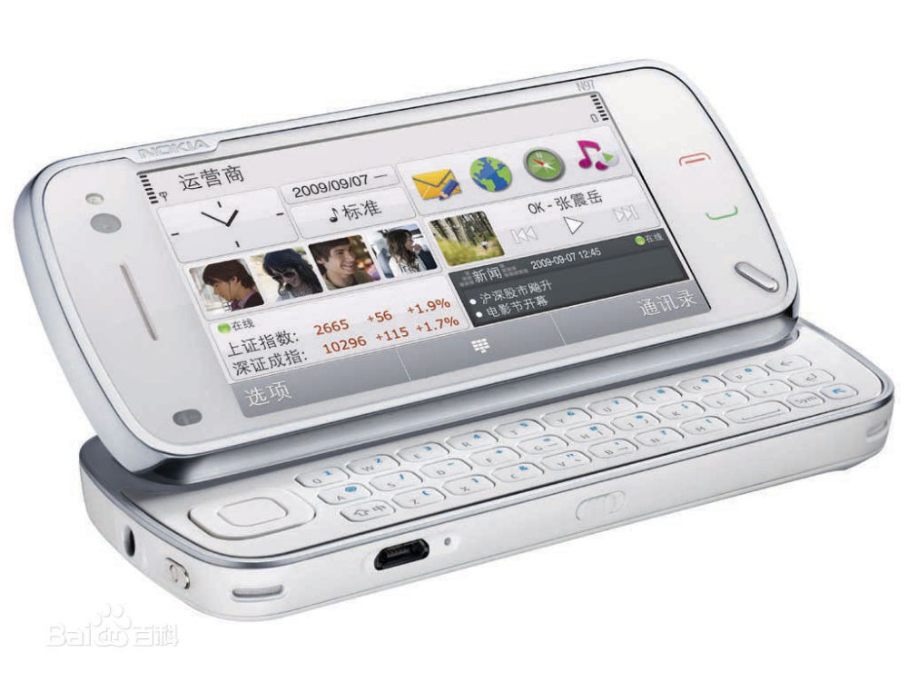 诺基亚n97在外形方面使用了全触屏 侧滑qwerty全键盘的设计.