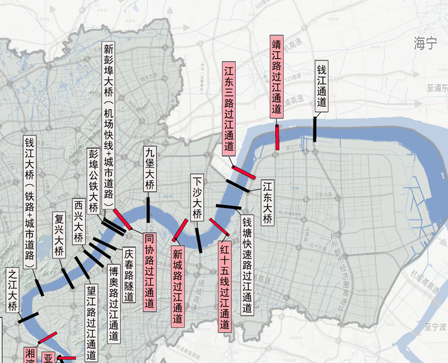 钱江通道,靖江路过江通道,江东三路过江通道,江东大桥,钱塘快速路过江