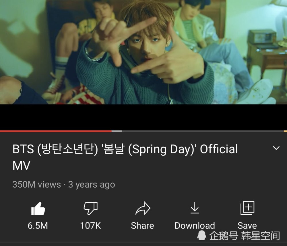 bts防弹少年团的《春日》成为第13首点击量达3.5亿的mv!
