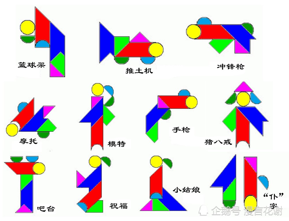 在拼摆过程中,引导孩子观察七巧板形状,大小,图形方向,哪几块在一起