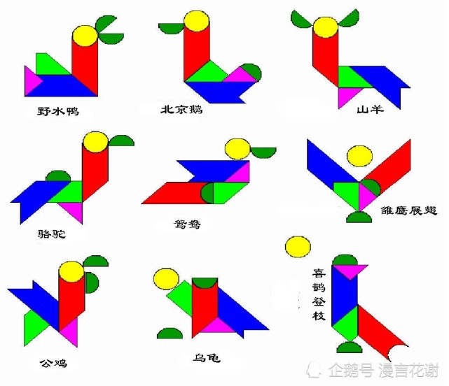 然后制作轮廓图和分解线图,总共制作了 459个七巧板拼图,分为 动物