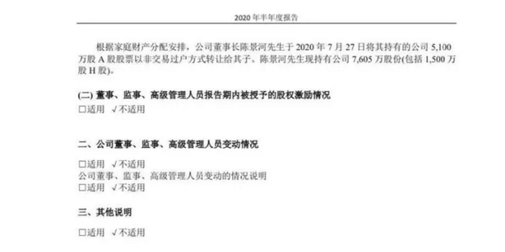 显示,今年7月27日,陈景河曾将其持有的公司5100万股a股股票转让给儿子