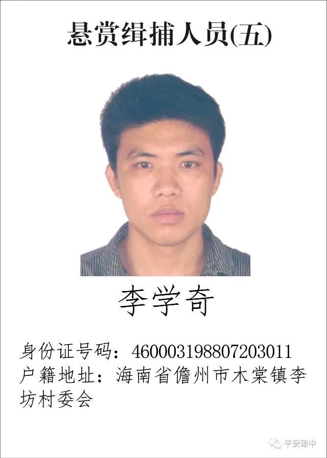 悬赏缉捕人员李学奇.