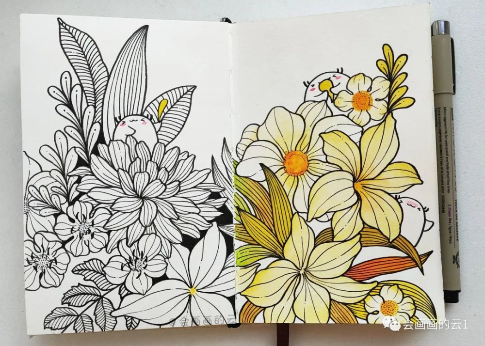 线描花卉详细教程,越画越开心,水彩和针管笔结合画出另类美感