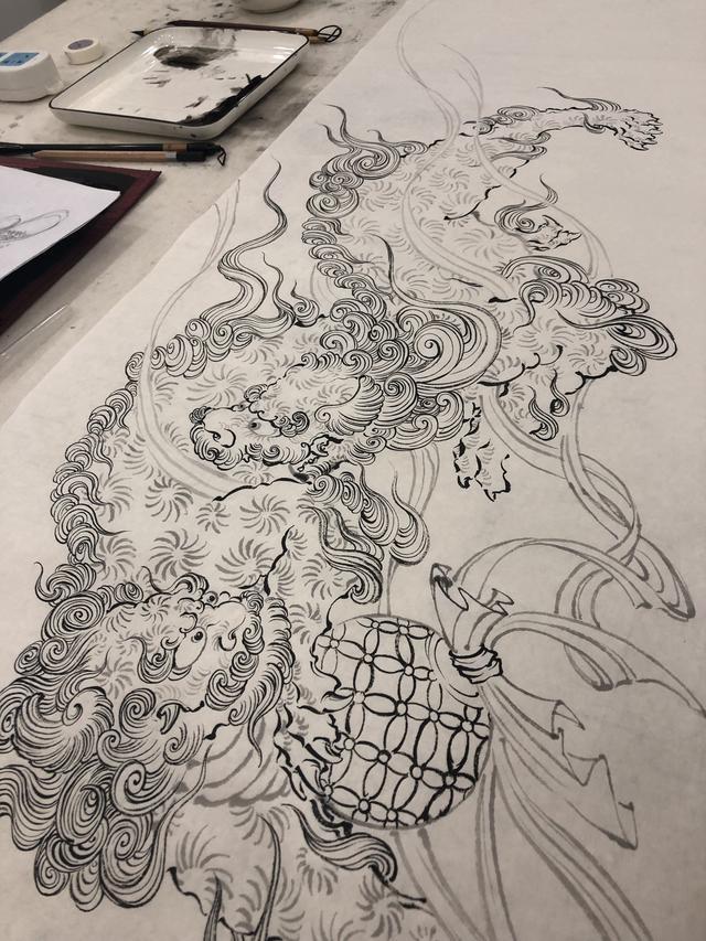 唐狮子画法,怎样画唐狮.上海由龙纹身唐狮纹身手稿设计