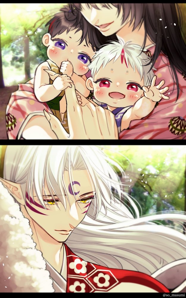 动漫插画#犬夜叉#杀玲#杀生丸幸福一家.杀殿那温柔的眼神!