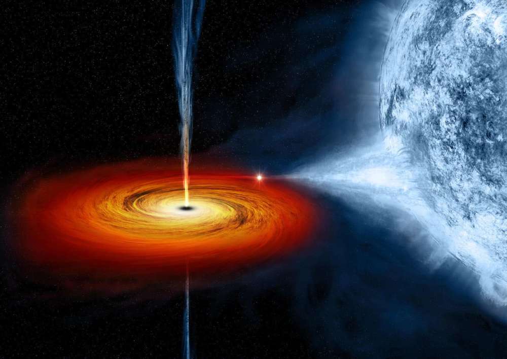 最后来一张黑洞吸收蓝巨星的艺术想象图吧.